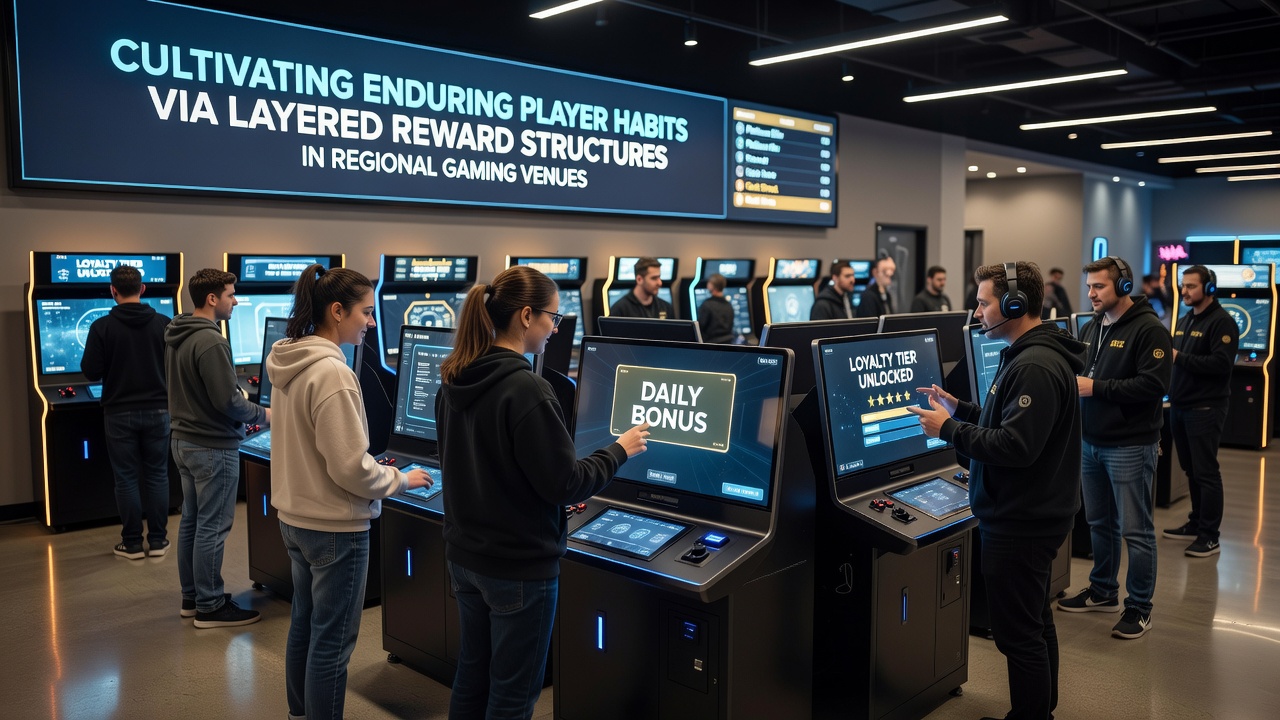 Regional casino floor showing loyalty program kiosks and tiered reward signage at a community gaming venue