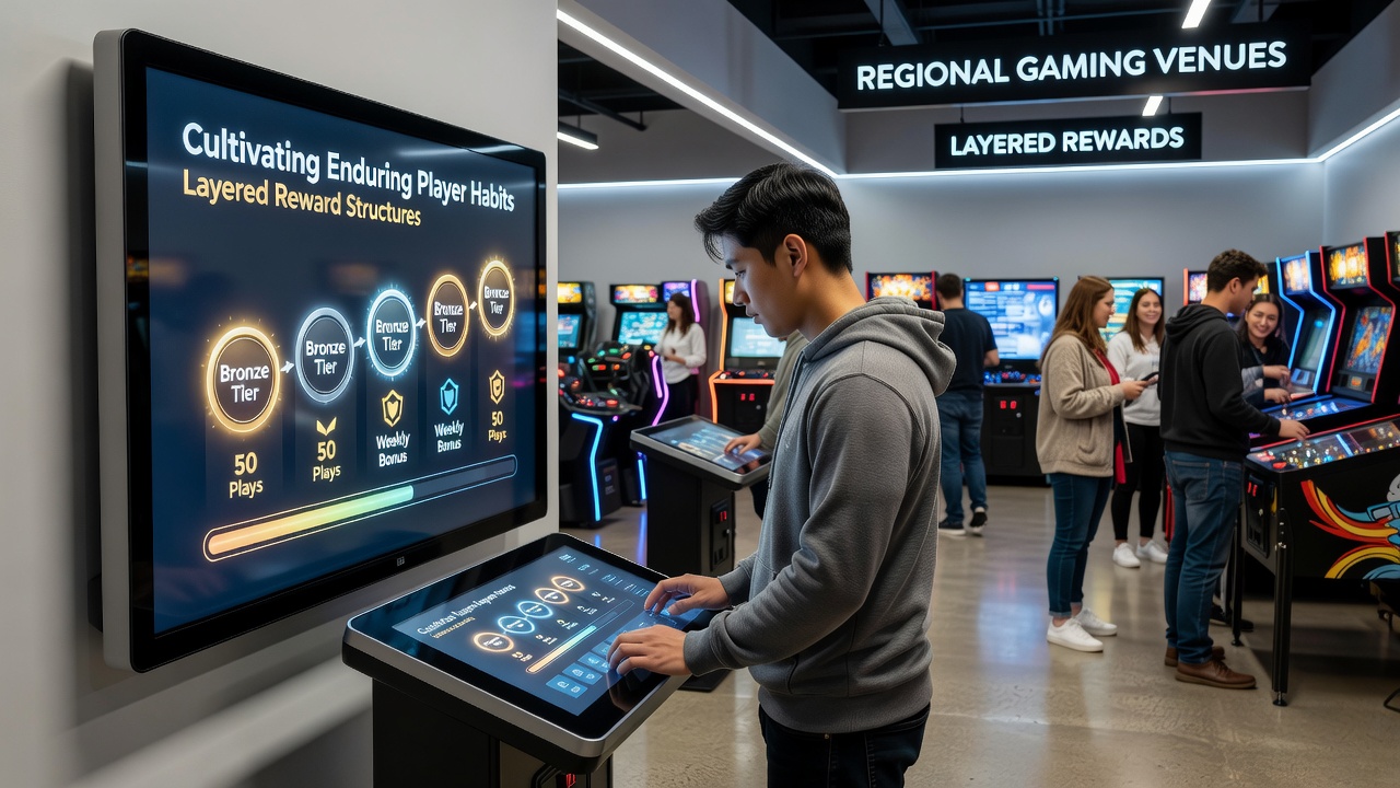 Infographic illustrating bronze, silver, gold, and platinum reward tiers with corresponding benefits at regional casinos