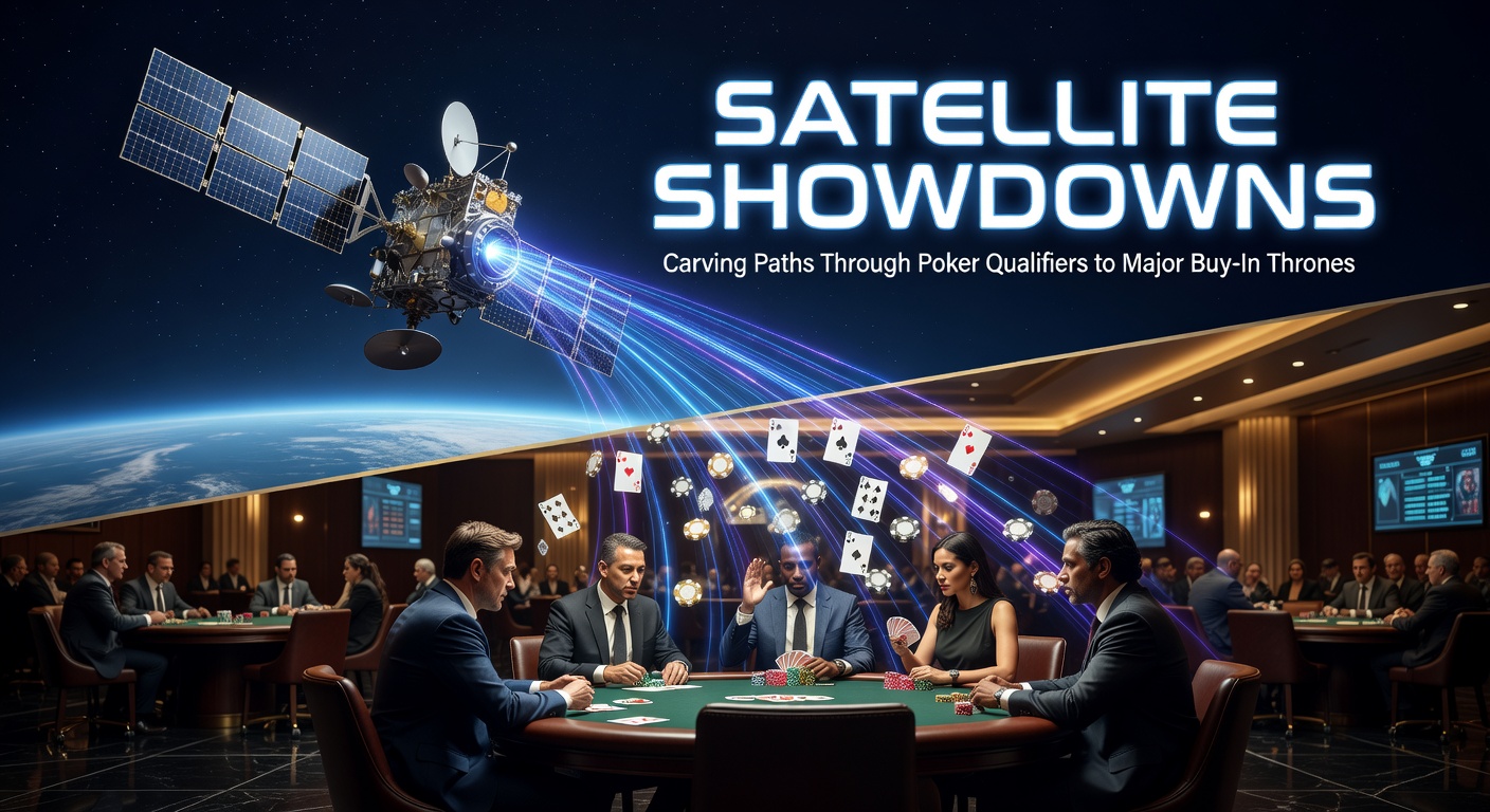 Intense poker players at a satellite tournament table, chips stacked high as tension builds toward a major event seat
