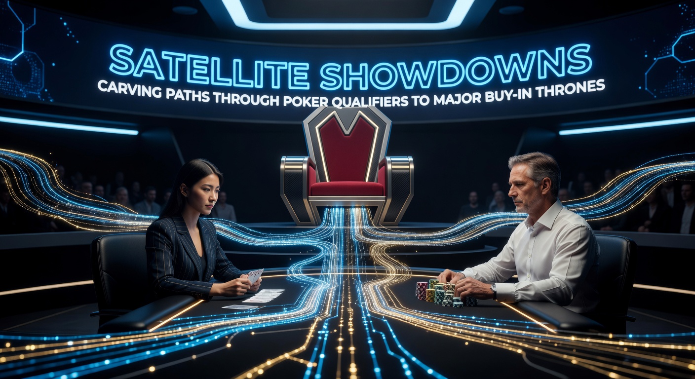 A triumphant poker player lifting a trophy after winning a satellite, crowd cheering as they secure a seat to a high-stakes main event