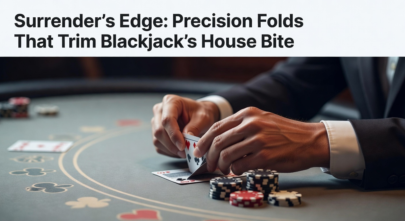 Close-up of a blackjack table where a player signals surrender by placing a coin on their cards, dealer acknowledging the move amid chips and cards