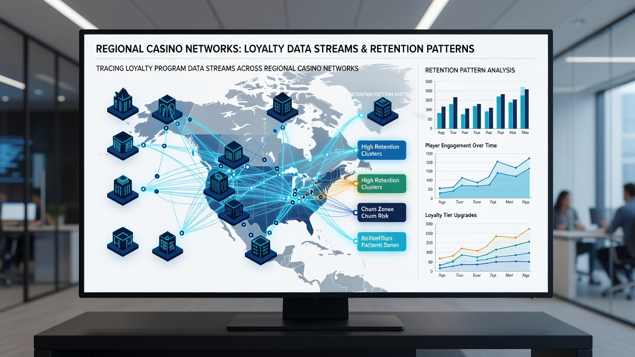 Regional casino network map displaying loyalty data connections and retention trend overlays
