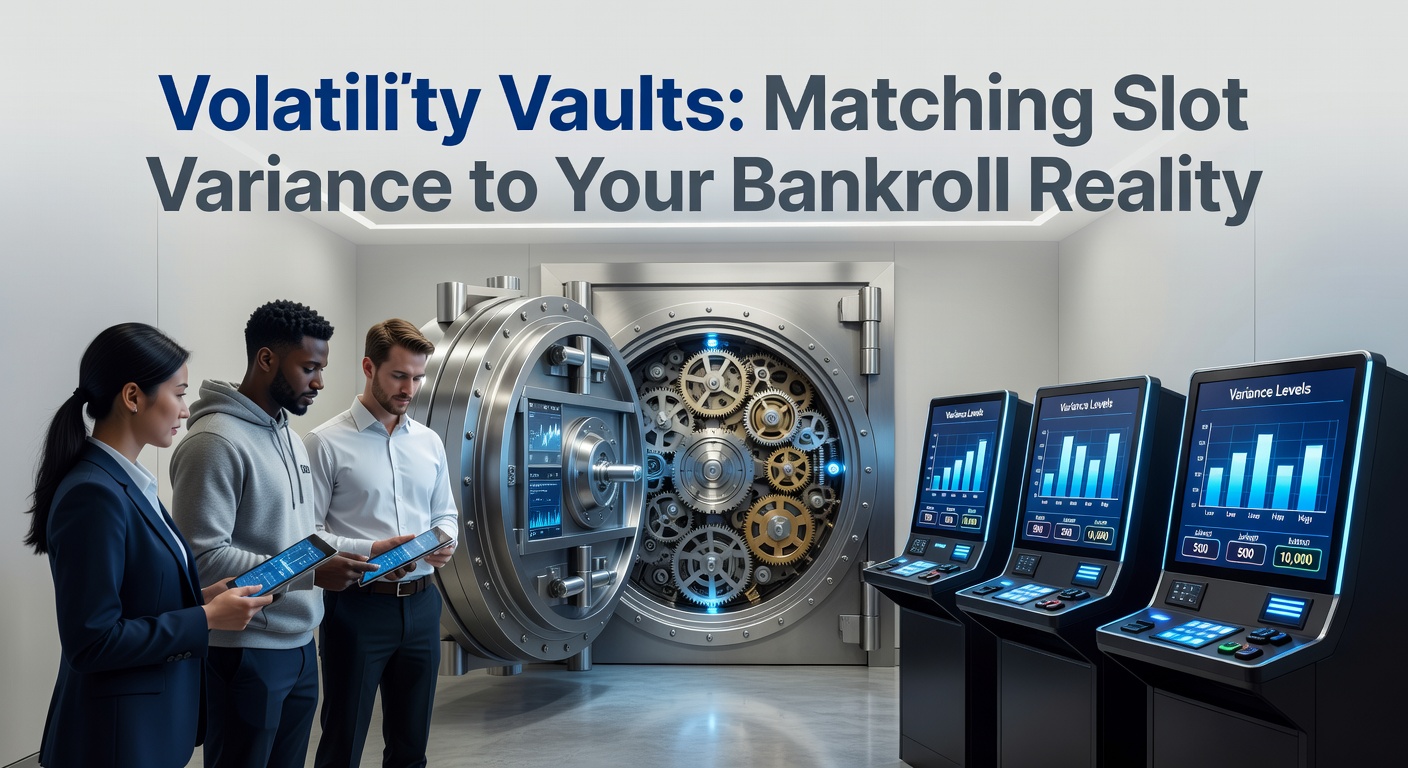 Colorful slot machine reels spinning with graphs overlaying volatility curves and bankroll progression lines