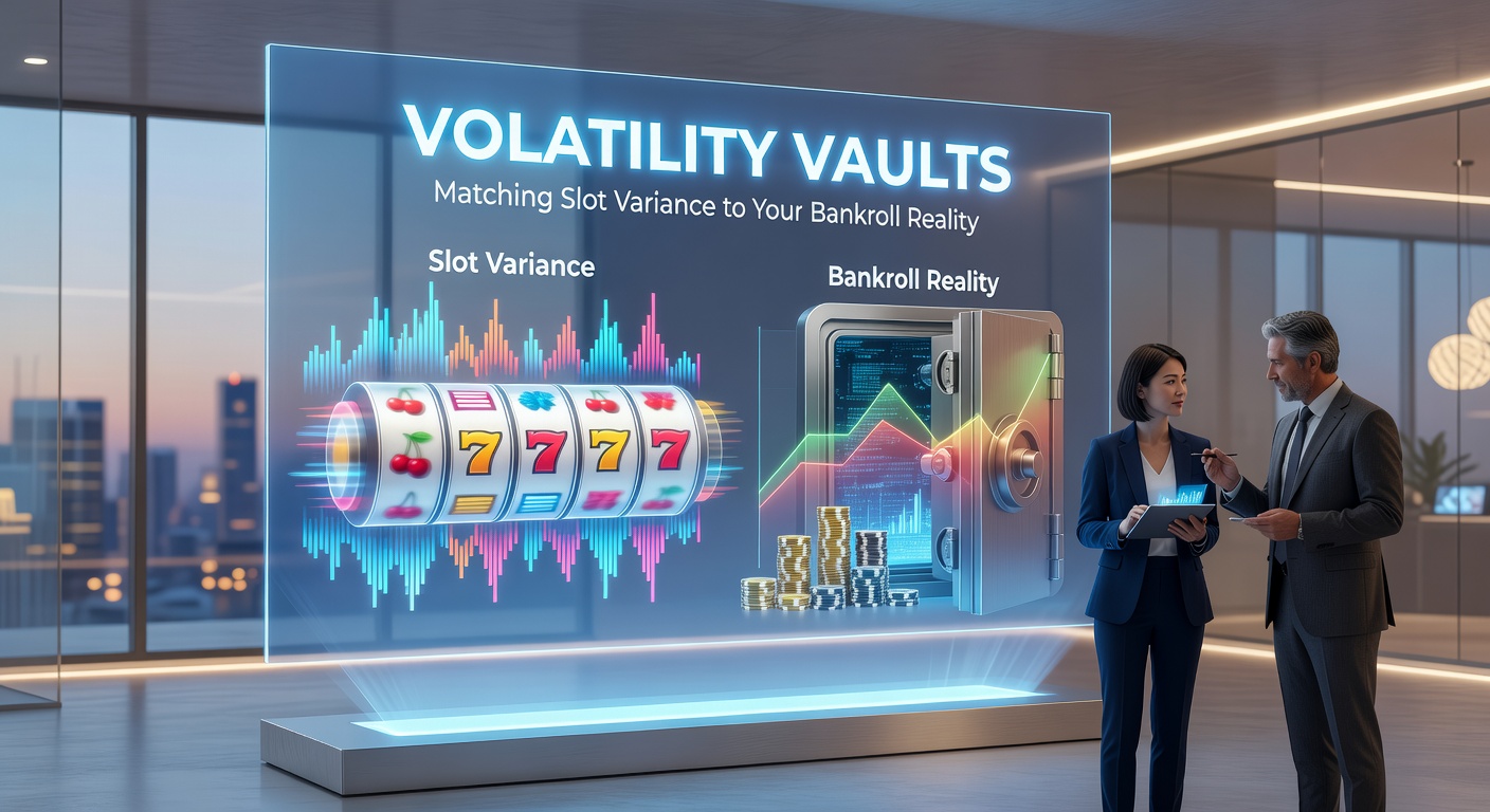 Player at a casino slot bank reviewing payout screen with volatility meter and bankroll tracker app open on phone
