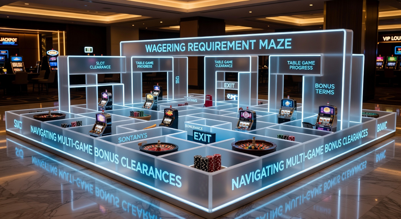 A intricate maze with casino chips and slot symbols guiding through wagering requirement paths, symbolizing the complexity of bonus clearances